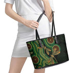 Green Indigenous Dragonfly Australia Leather Tote Bag Aboriginal Art - Aussie Hoodie
