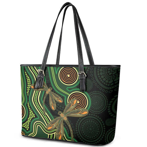 Green Indigenous Dragonfly Australia Leather Tote Bag Aboriginal Art - Aussie Hoodie