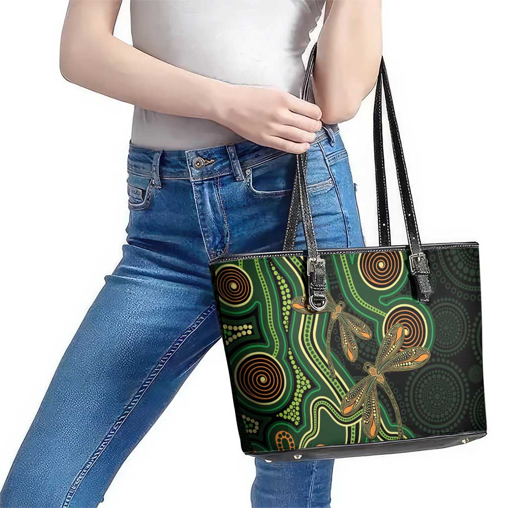 Green Indigenous Dragonfly Australia Leather Tote Bag Aboriginal Art - Aussie Hoodie