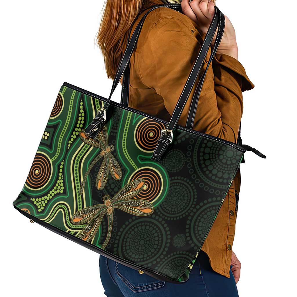 Green Indigenous Dragonfly Australia Leather Tote Bag Aboriginal Art - Aussie Hoodie
