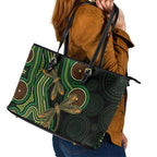 Green Indigenous Dragonfly Australia Leather Tote Bag Aboriginal Art - Aussie Hoodie