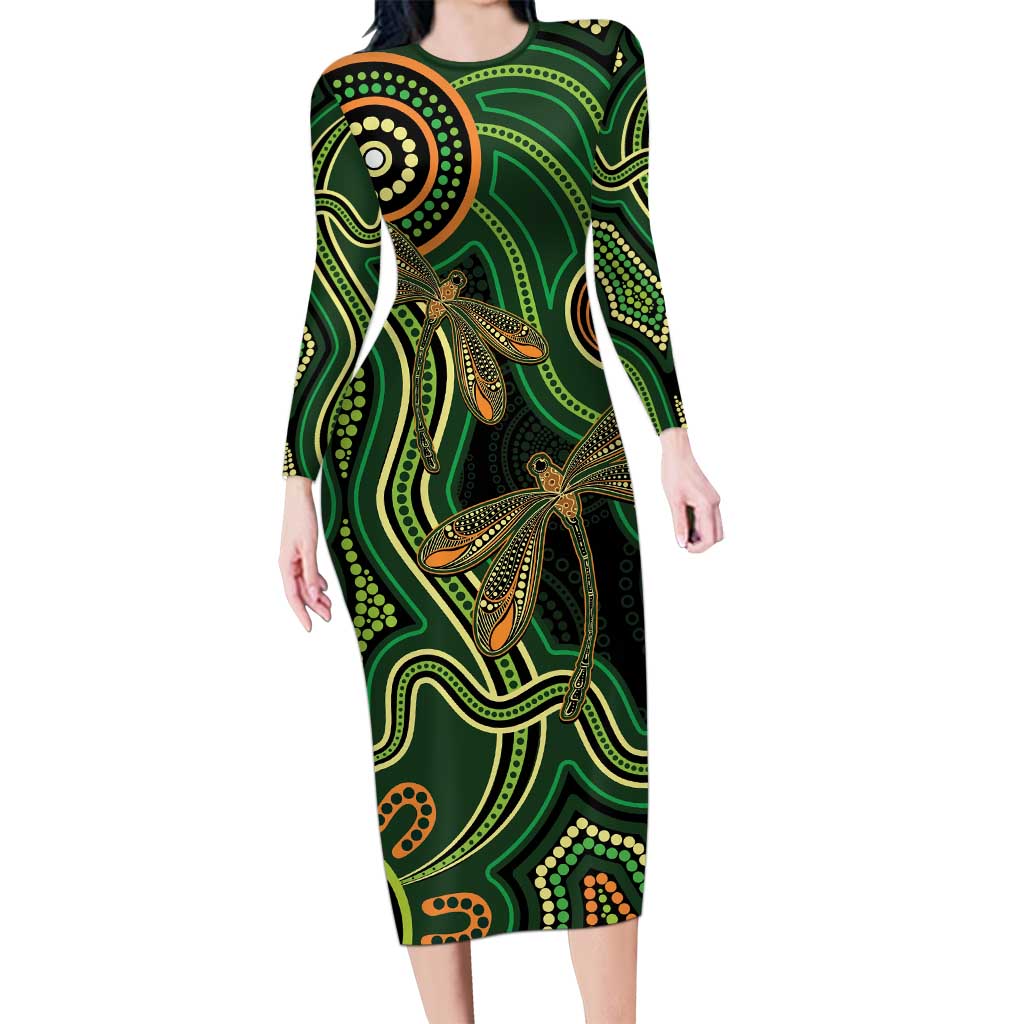 Green Indigenous Dragonfly Australia Long Sleeve Bodycon Dress Aboriginal Art - Aussie Hoodie