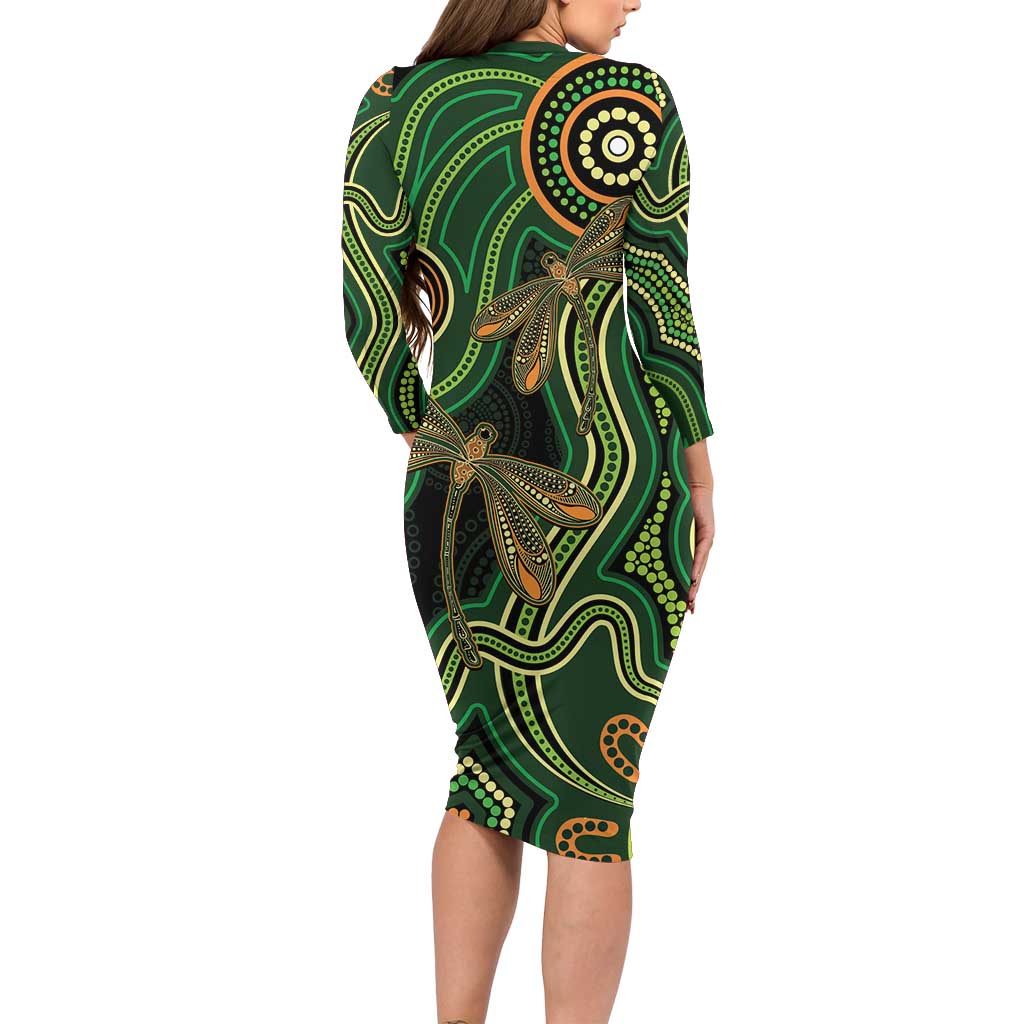 Green Indigenous Dragonfly Australia Long Sleeve Bodycon Dress Aboriginal Art - Aussie Hoodie