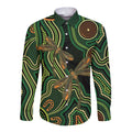 Green Indigenous Dragonfly Australia Long Sleeve Button Shirt Aboriginal Art - Aussie Hoodie