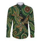 Green Indigenous Dragonfly Australia Long Sleeve Button Shirt Aboriginal Art - Aussie Hoodie