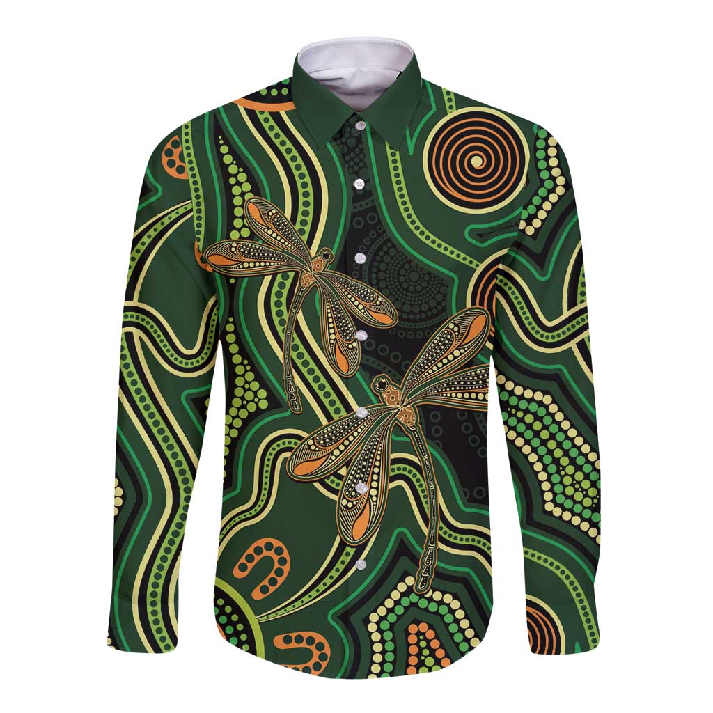 Green Indigenous Dragonfly Australia Long Sleeve Button Shirt Aboriginal Art - Aussie Hoodie