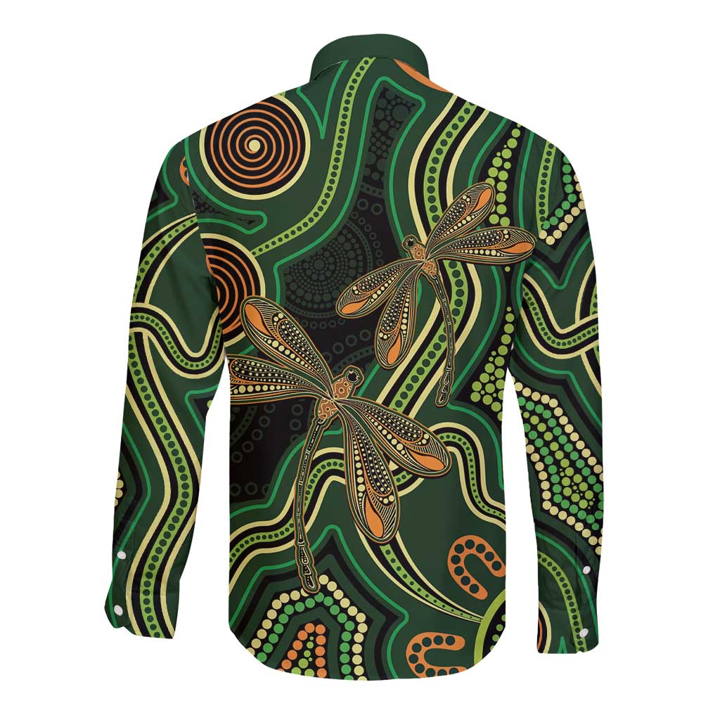 Green Indigenous Dragonfly Australia Long Sleeve Button Shirt Aboriginal Art - Aussie Hoodie