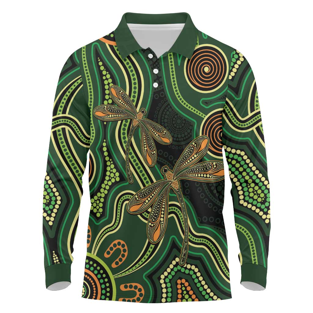 Green Indigenous Dragonfly Australia Long Sleeve Polo Shirt Aboriginal Art - Aussie Hoodie