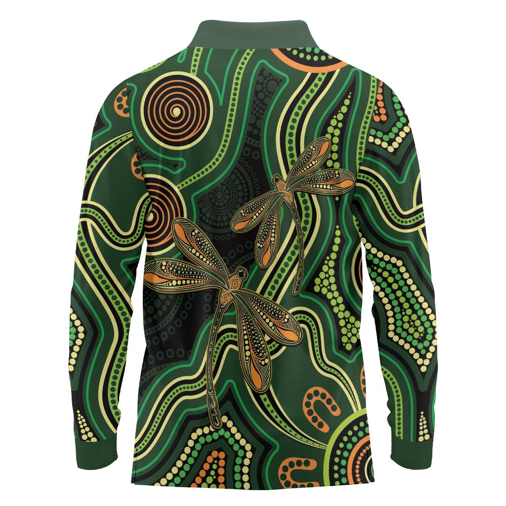 Green Indigenous Dragonfly Australia Long Sleeve Polo Shirt Aboriginal Art - Aussie Hoodie