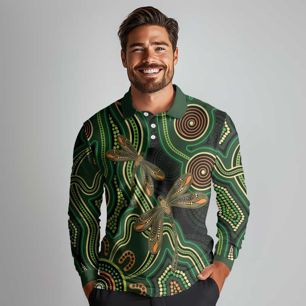 Green Indigenous Dragonfly Australia Long Sleeve Polo Shirt Aboriginal Art - Aussie Hoodie