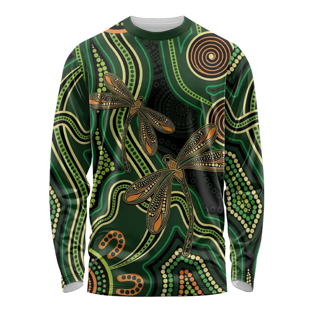 Green Indigenous Dragonfly Australia Long Sleeve Shirt Aboriginal Art - Aussie Hoodie
