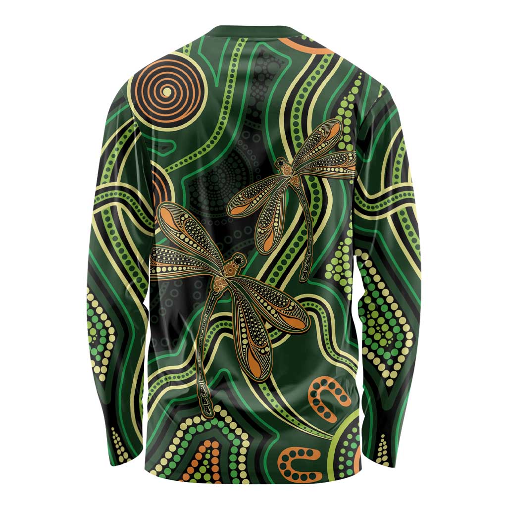 Green Indigenous Dragonfly Australia Long Sleeve Shirt Aboriginal Art - Aussie Hoodie