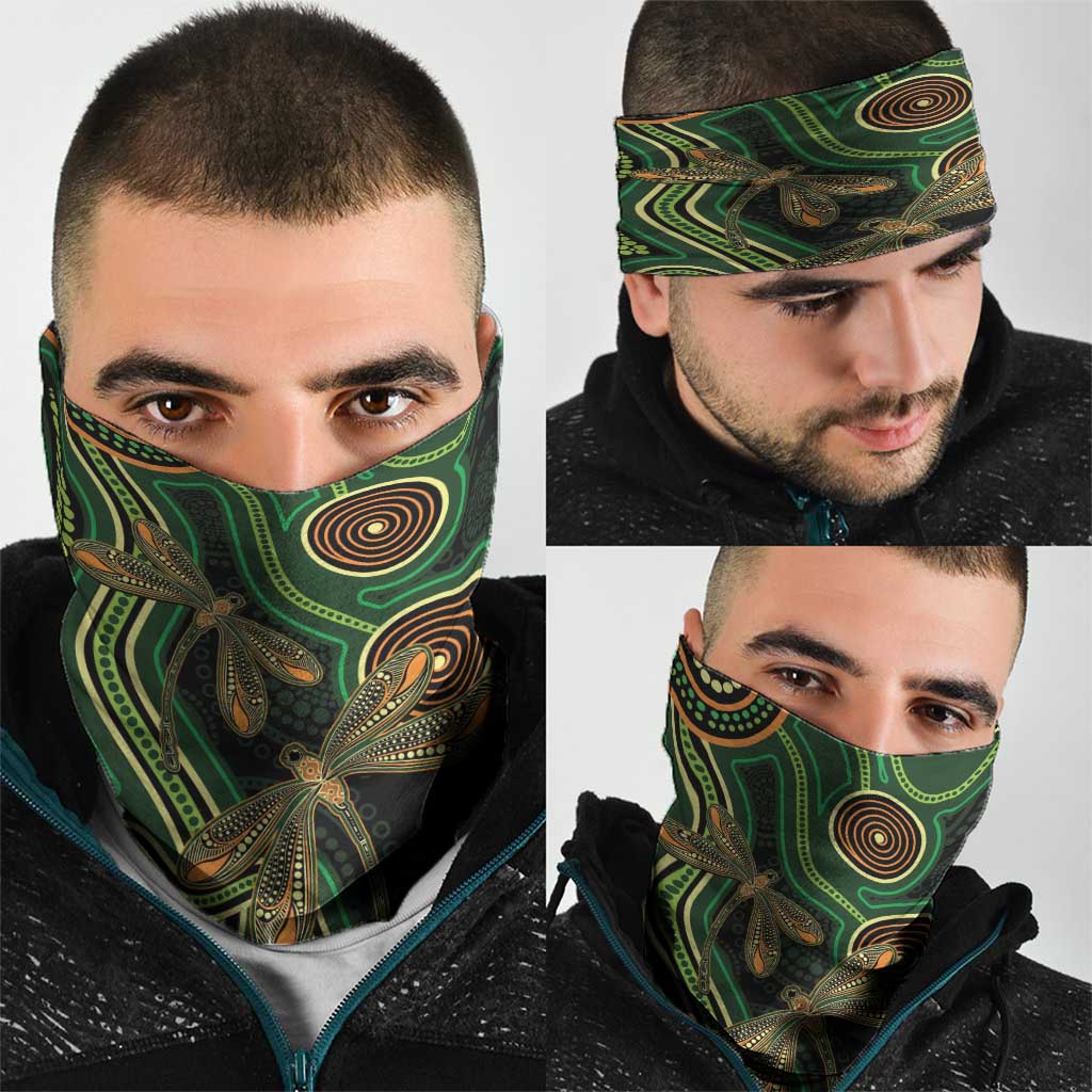 Green Indigenous Dragonfly Australia Neck Gaiter Aboriginal Art - Aussie Hoodie