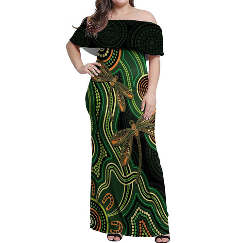 Green Indigenous Dragonfly Australia Off Shoulder Maxi Dress Aboriginal Art - Aussie Hoodie