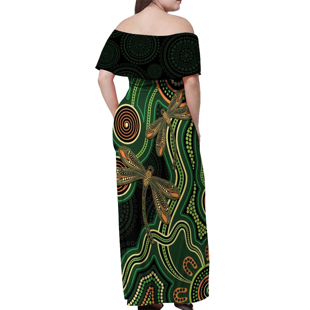 Green Indigenous Dragonfly Australia Off Shoulder Maxi Dress Aboriginal Art - Aussie Hoodie