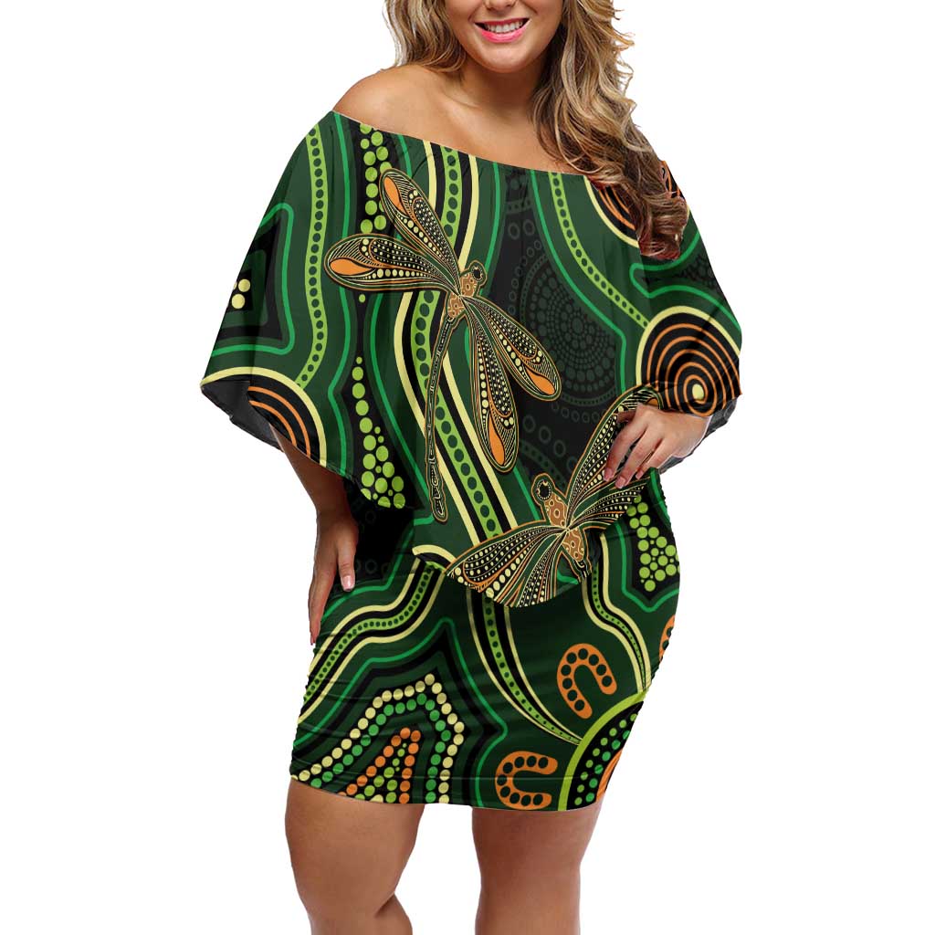 Green Indigenous Dragonfly Australia Off Shoulder Short Dress Aboriginal Art - Aussie Hoodie