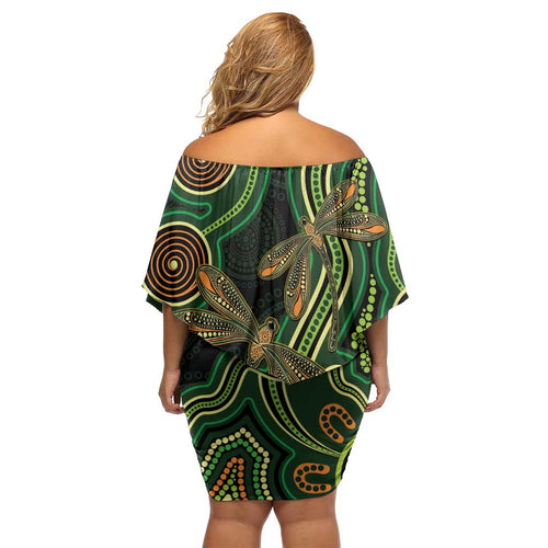 Green Indigenous Dragonfly Australia Off Shoulder Short Dress Aboriginal Art - Aussie Hoodie