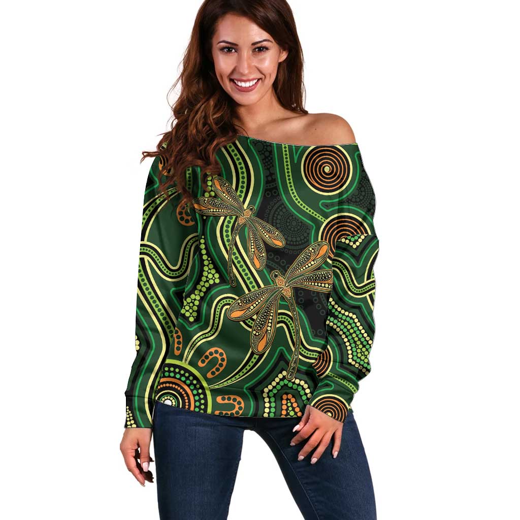 Green Indigenous Dragonfly Australia Off Shoulder Sweater Aboriginal Art - Aussie Hoodie