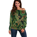 Green Indigenous Dragonfly Australia Off Shoulder Sweater Aboriginal Art - Aussie Hoodie