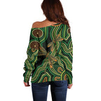 Green Indigenous Dragonfly Australia Off Shoulder Sweater Aboriginal Art - Aussie Hoodie
