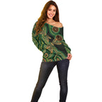 Green Indigenous Dragonfly Australia Off Shoulder Sweater Aboriginal Art - Aussie Hoodie