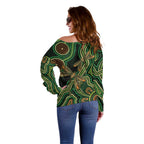 Green Indigenous Dragonfly Australia Off Shoulder Sweater Aboriginal Art - Aussie Hoodie