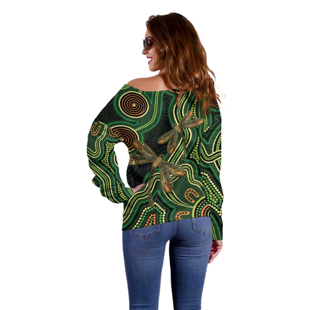 Green Indigenous Dragonfly Australia Off Shoulder Sweater Aboriginal Art - Aussie Hoodie
