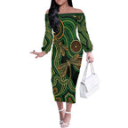 Green Indigenous Dragonfly Australia Off The Shoulder Long Sleeve Dress Aboriginal Art - Aussie Hoodie