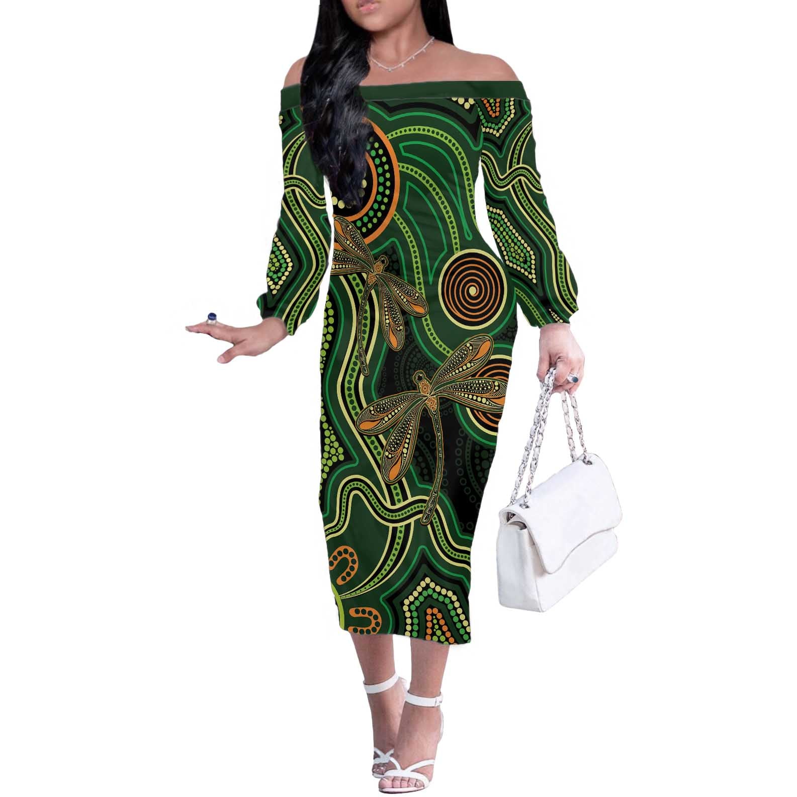 Green Indigenous Dragonfly Australia Off The Shoulder Long Sleeve Dress Aboriginal Art - Aussie Hoodie