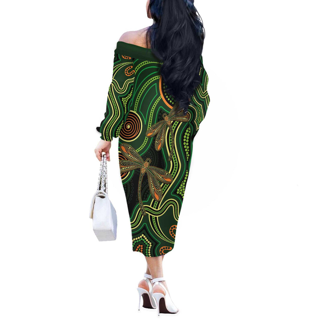 Green Indigenous Dragonfly Australia Off The Shoulder Long Sleeve Dress Aboriginal Art - Aussie Hoodie