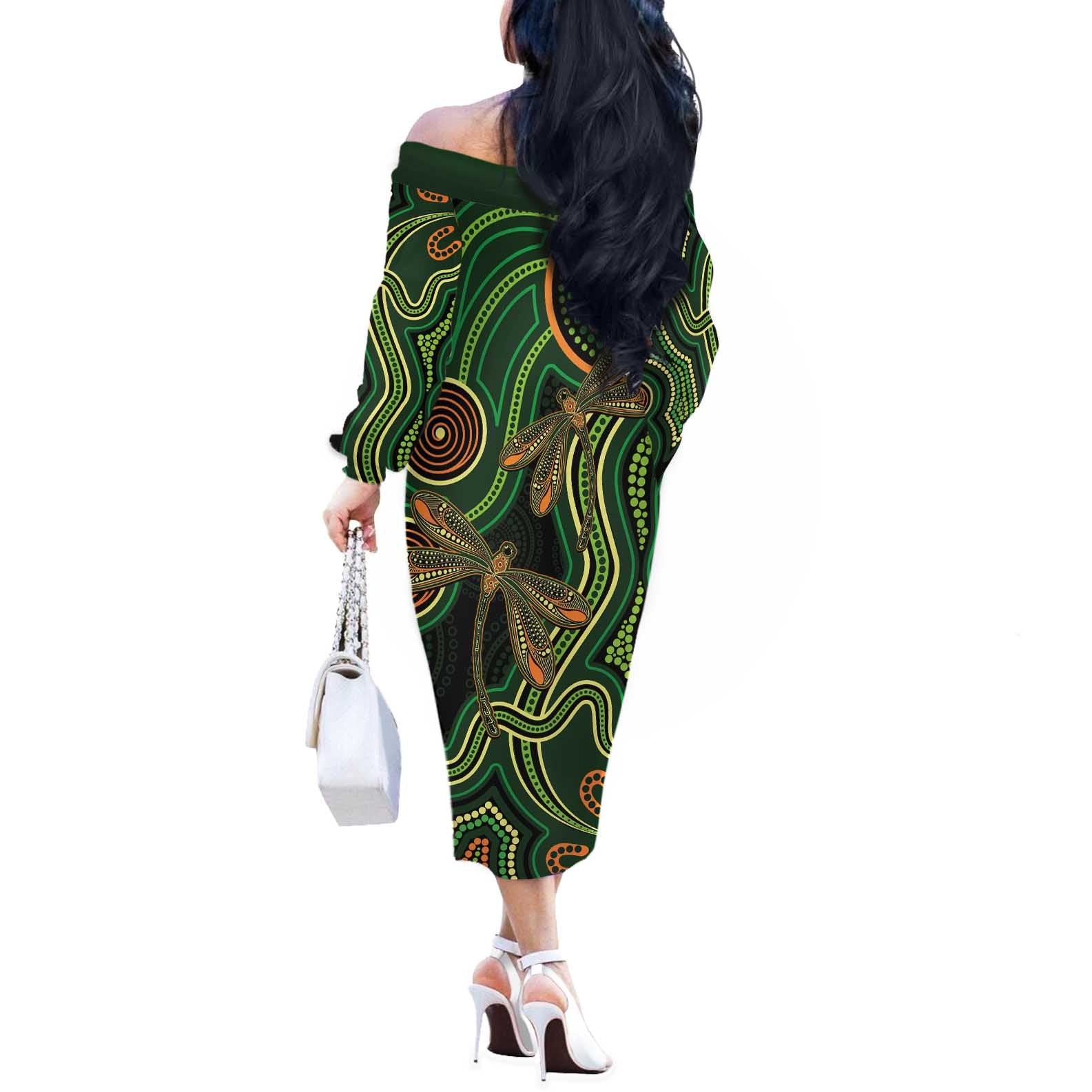 Green Indigenous Dragonfly Australia Off The Shoulder Long Sleeve Dress Aboriginal Art - Aussie Hoodie