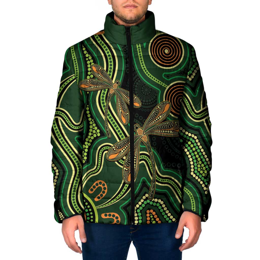 Green Indigenous Dragonfly Australia Padded Jacket Aboriginal Art - Aussie Hoodie