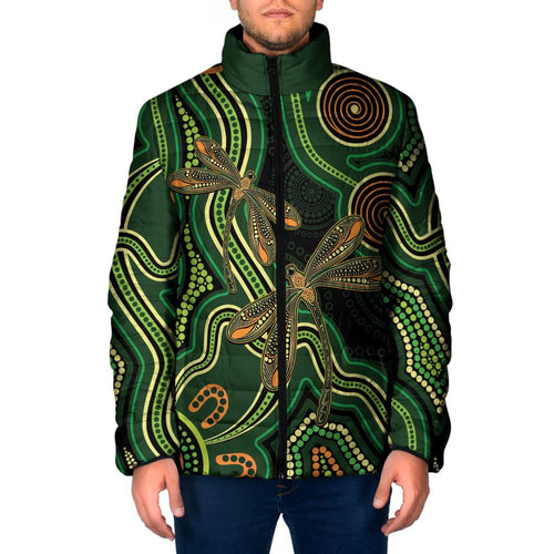 Green Indigenous Dragonfly Australia Padded Jacket Aboriginal Art - Aussie Hoodie