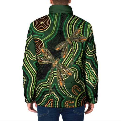 Green Indigenous Dragonfly Australia Padded Jacket Aboriginal Art - Aussie Hoodie