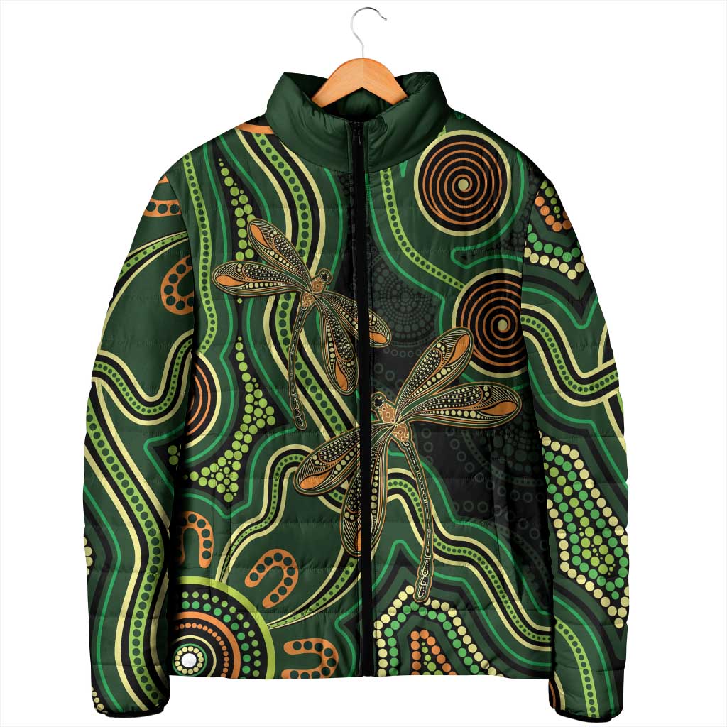 Green Indigenous Dragonfly Australia Padded Jacket Aboriginal Art - Aussie Hoodie