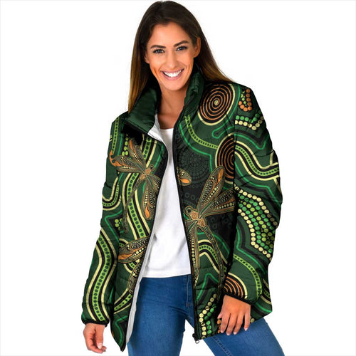 Green Indigenous Dragonfly Australia Padded Jacket Aboriginal Art - Aussie Hoodie