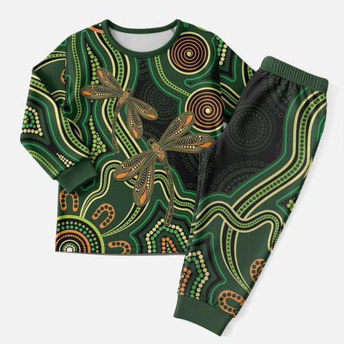 Green Indigenous Dragonfly Australia Christmas Pajama Set Aboriginal Art - Aussie Hoodie