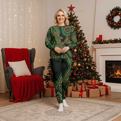Green Indigenous Dragonfly Australia Christmas Pajama Set Aboriginal Art - Aussie Hoodie