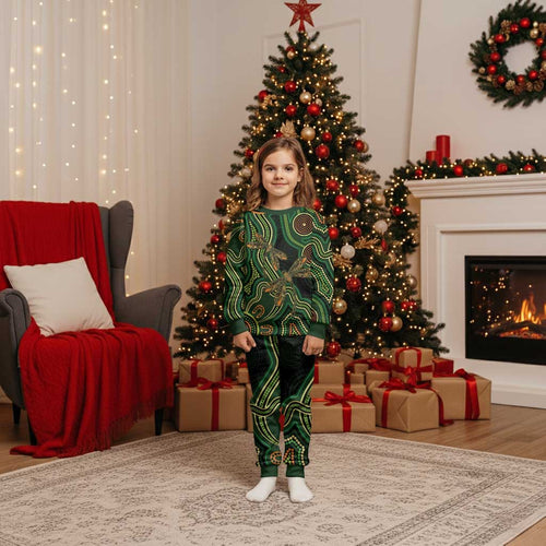 Green Indigenous Dragonfly Australia Christmas Pajama Set Aboriginal Art - Aussie Hoodie