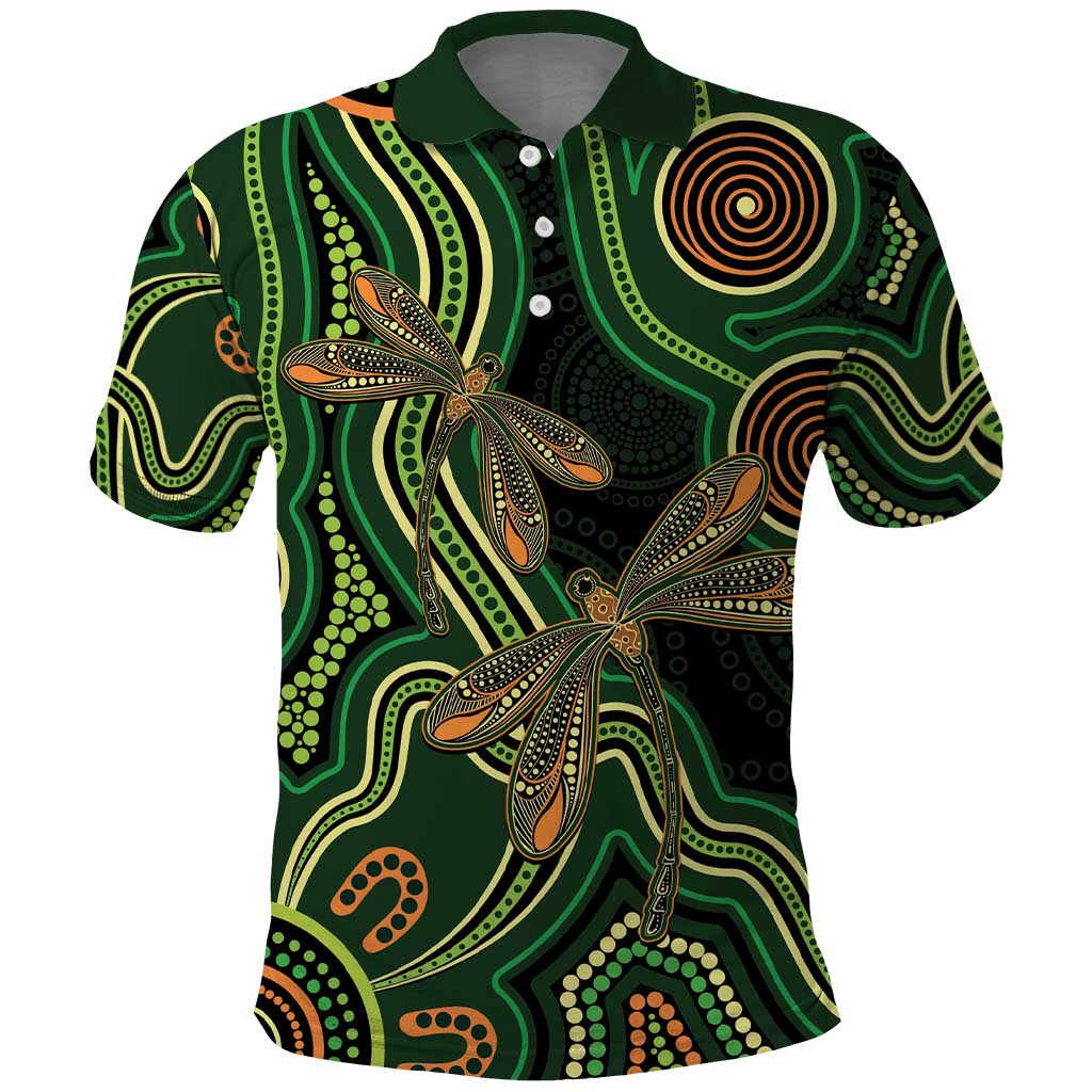 Green Indigenous Dragonfly Australia Polo Shirt Aboriginal Art - Aussie Hoodie