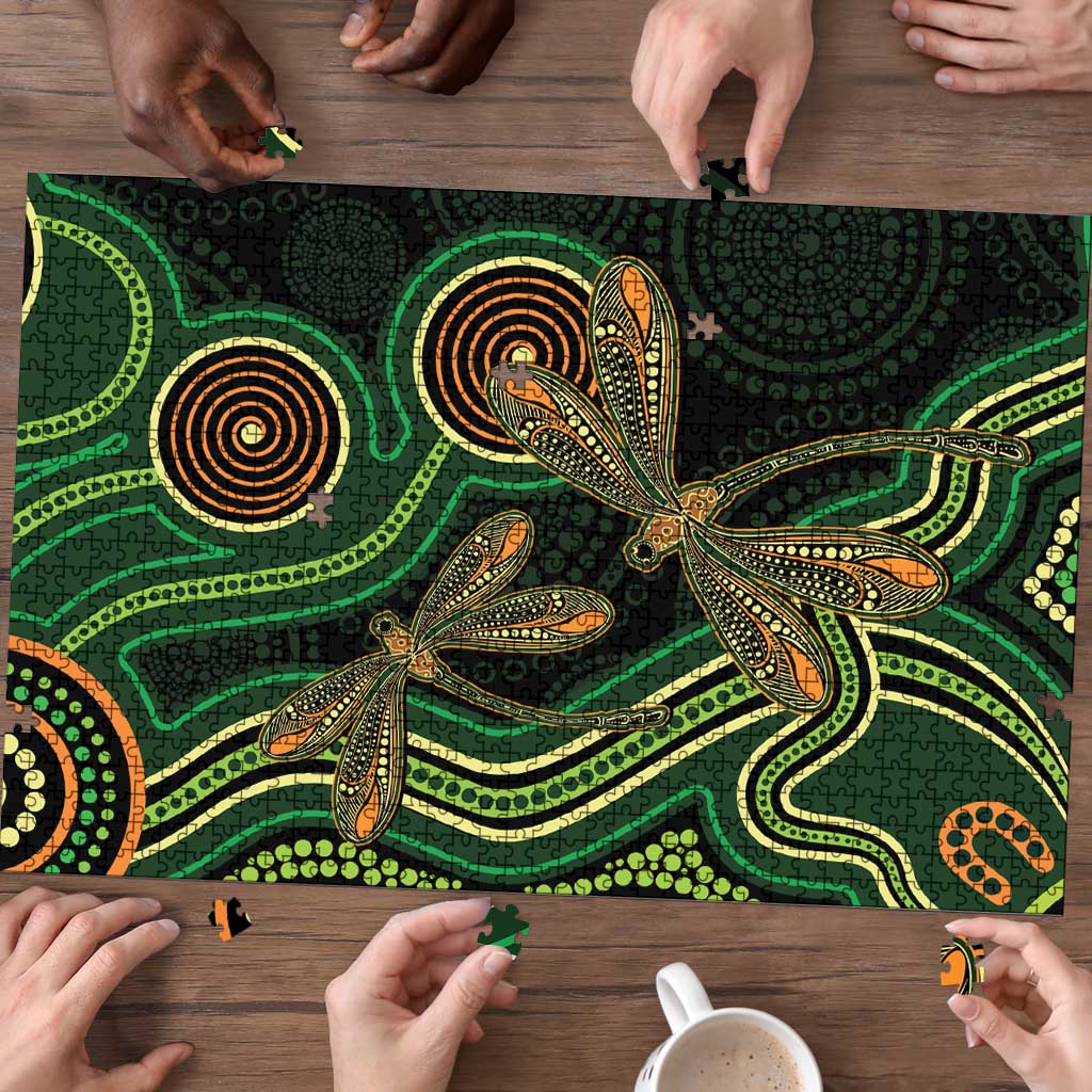 Green Indigenous Dragonfly Australia Puzzle Aboriginal Art - Aussie Hoodie