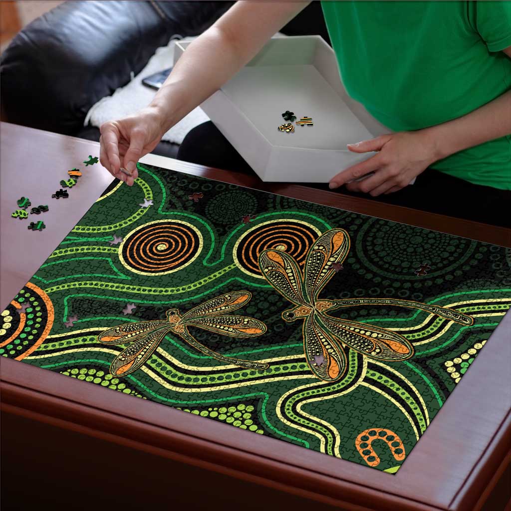 Green Indigenous Dragonfly Australia Puzzle Aboriginal Art - Aussie Hoodie