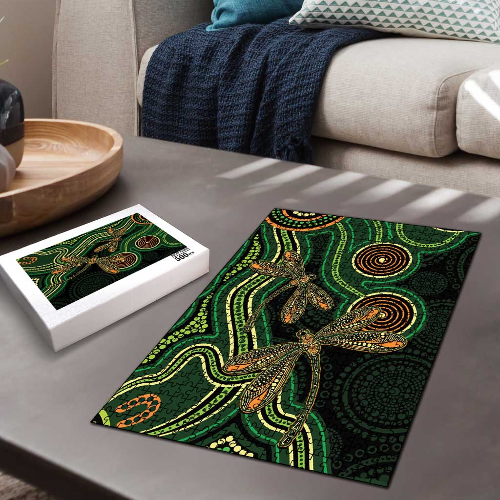 Green Indigenous Dragonfly Australia Puzzle Aboriginal Art - Aussie Hoodie