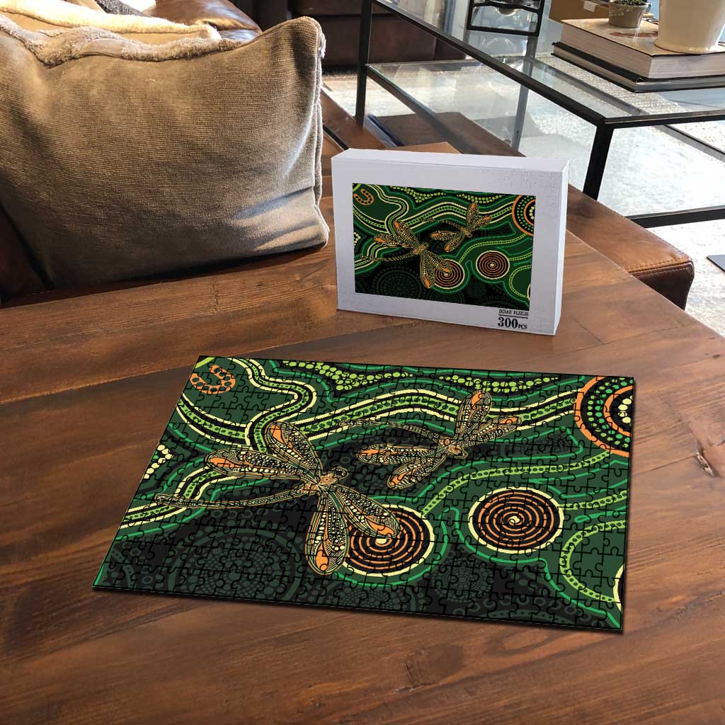 Green Indigenous Dragonfly Australia Puzzle Aboriginal Art - Aussie Hoodie