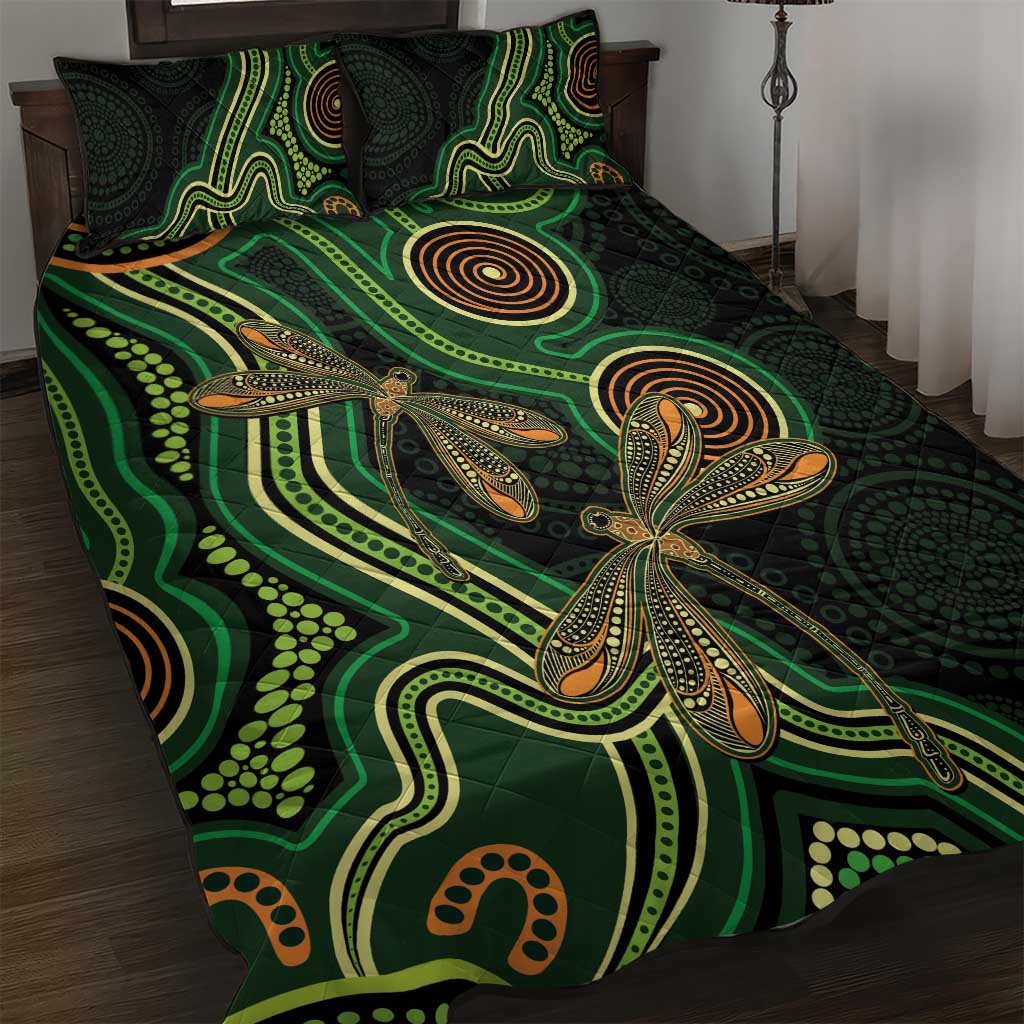 Green Indigenous Dragonfly Australia Quilt Bed Set Aboriginal Art - Aussie Hoodie