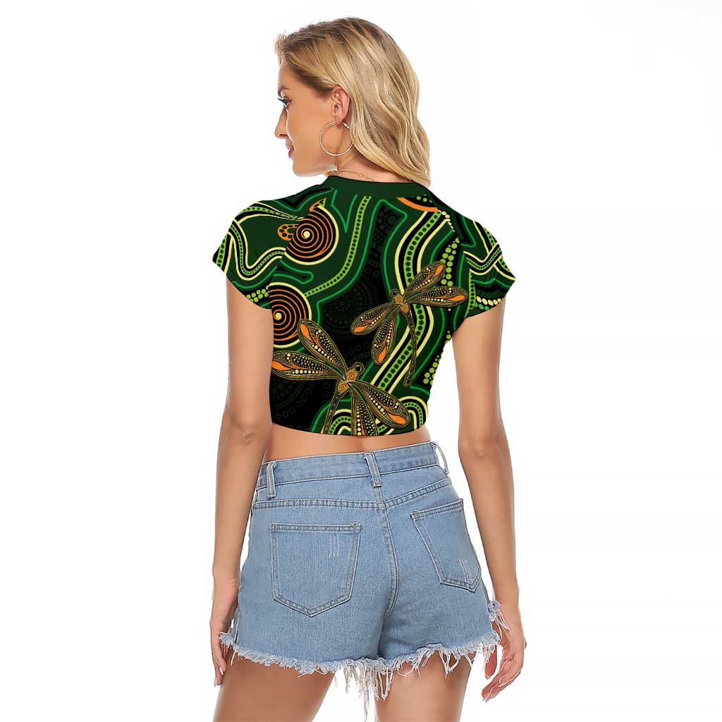 Green Indigenous Dragonfly Australia Raglan Cropped T Shirt Aboriginal Art - Aussie Hoodie