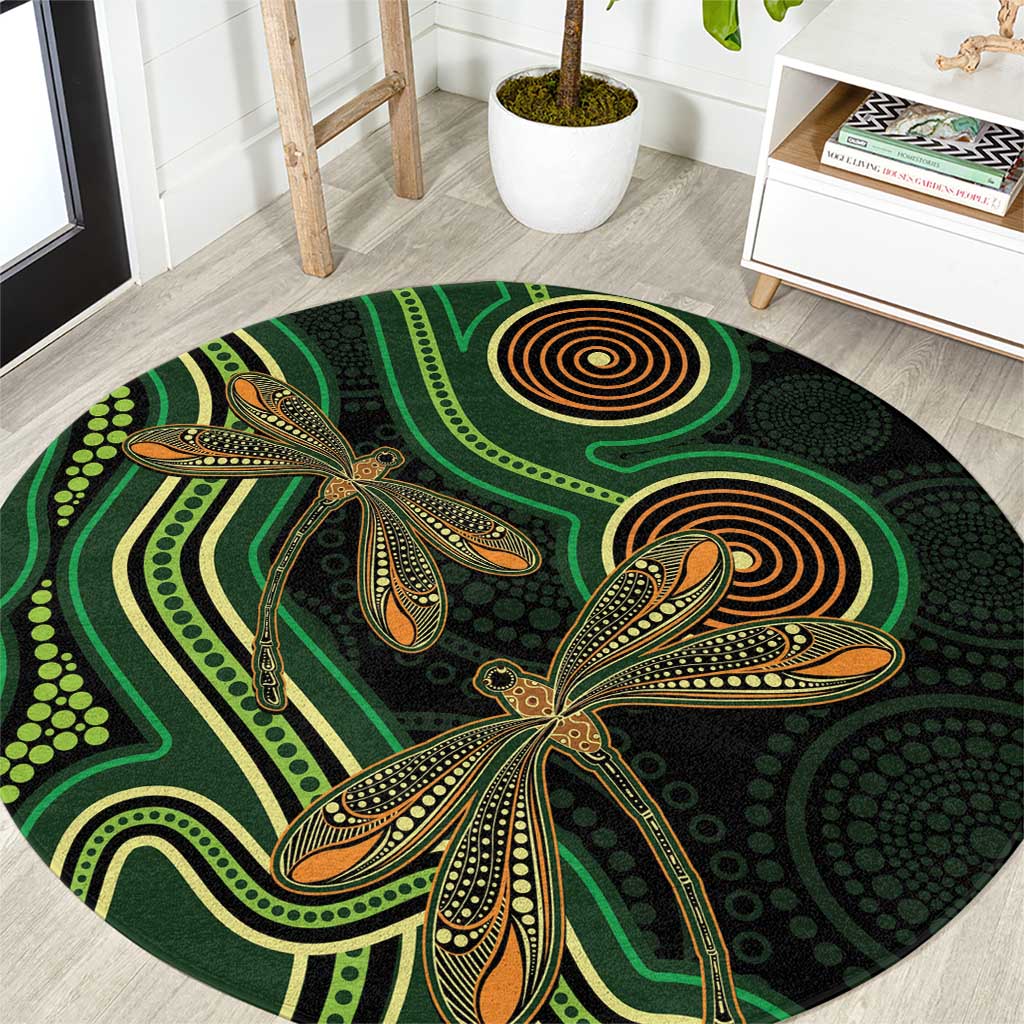 Green Indigenous Dragonfly Australia Round Carpet Aboriginal Art - Aussie Hoodie
