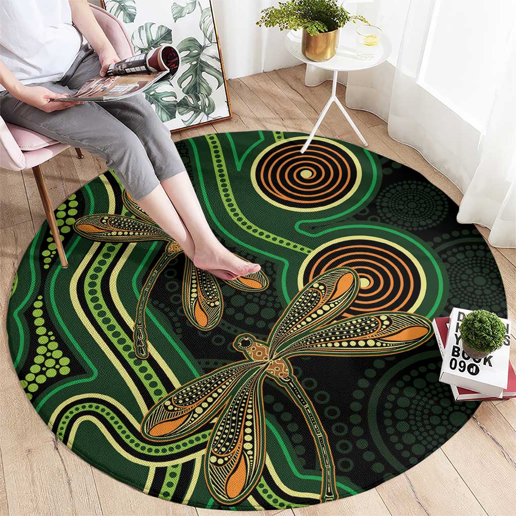 Green Indigenous Dragonfly Australia Round Carpet Aboriginal Art - Aussie Hoodie