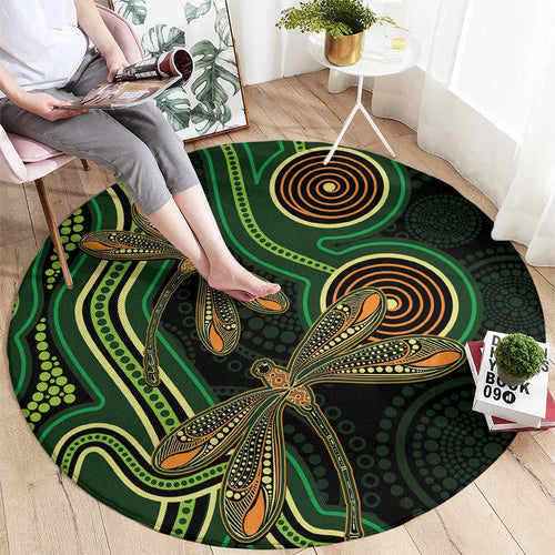 Green Indigenous Dragonfly Australia Round Carpet Aboriginal Art - Aussie Hoodie