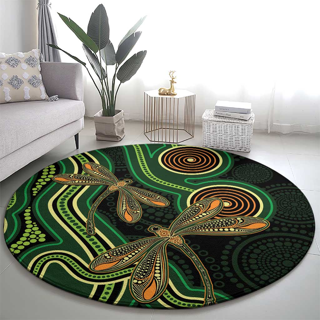 Green Indigenous Dragonfly Australia Round Carpet Aboriginal Art - Aussie Hoodie